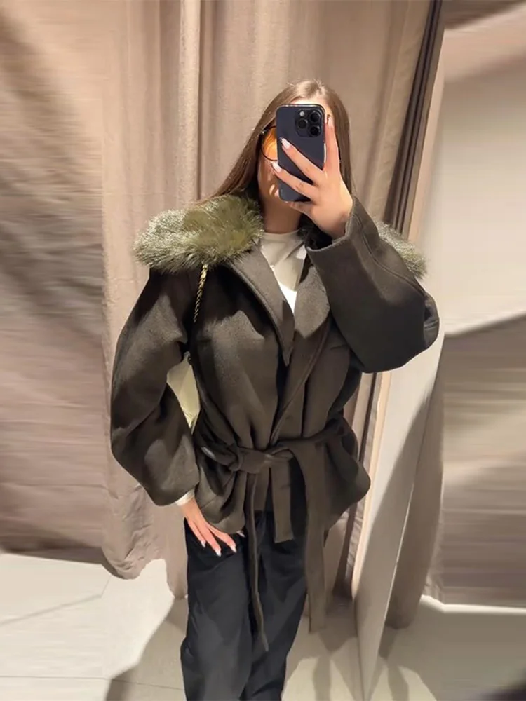 Frauen Winter Mäntel Faux Pelz Kragen Woolen Mantel Herbst 2025, Weibliche Lange Hülse Spitze Up Dünne Jacke Mode Damen Oberbekleidung – Detail 16