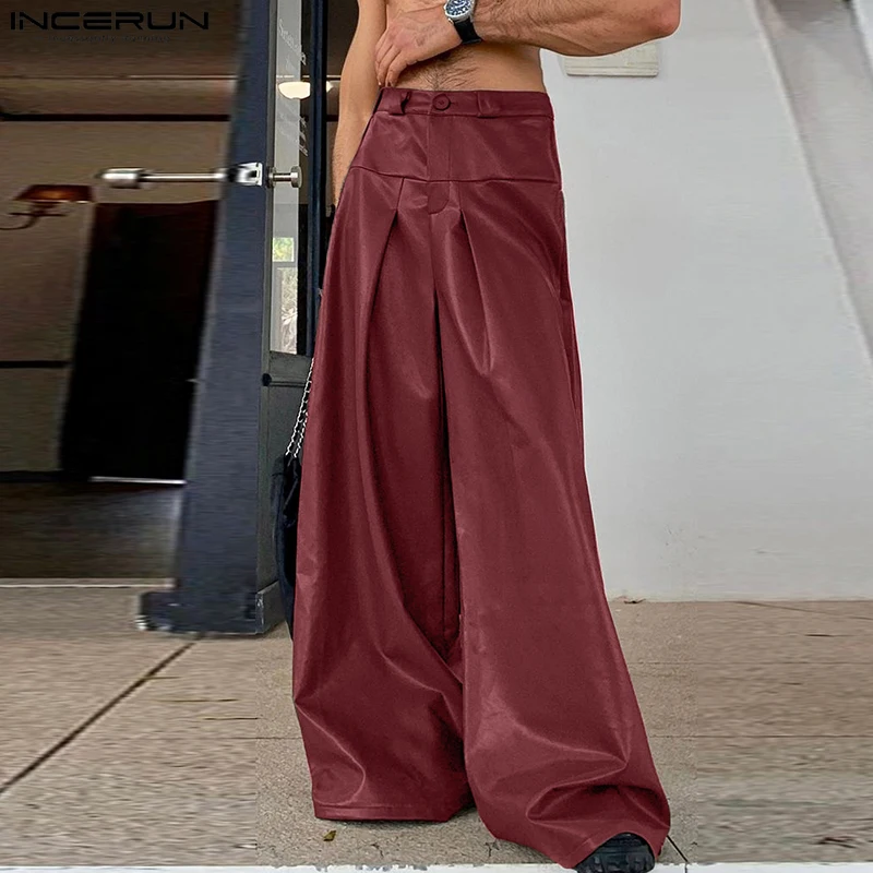 INCERUN Men Wide Leg Pants Solid PU Leather Fashion Party Casual Long Trouser Streetwear Pants Pantalons Oversize Men's Clothing