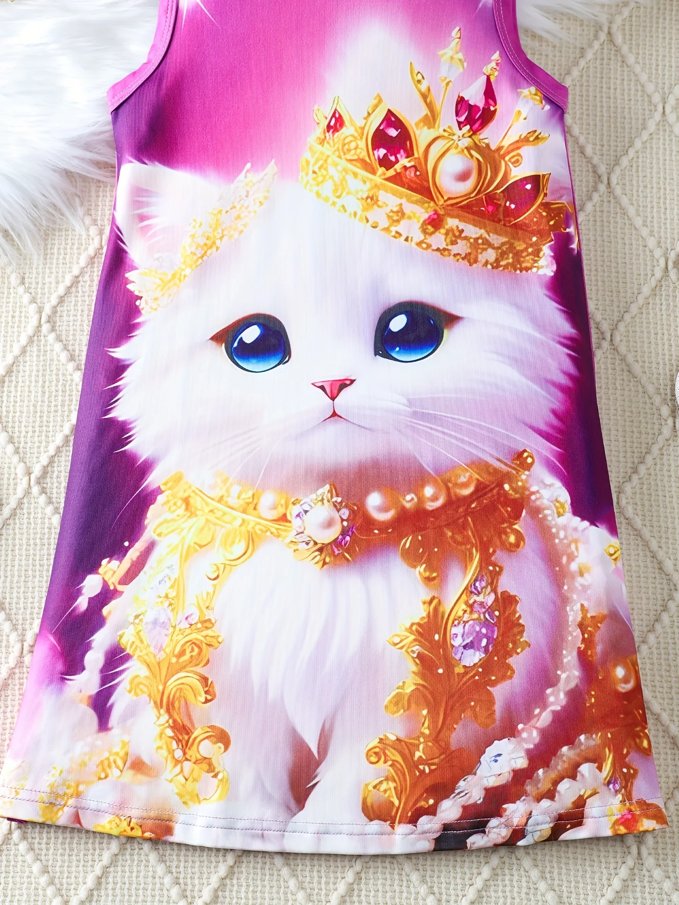 여아용 민소매 잠옷, 아름답고 귀여운 3D 크라운 고양이 패턴 프린트, 아늑한 라운지웨어, 용수철 및 여름 시즌
