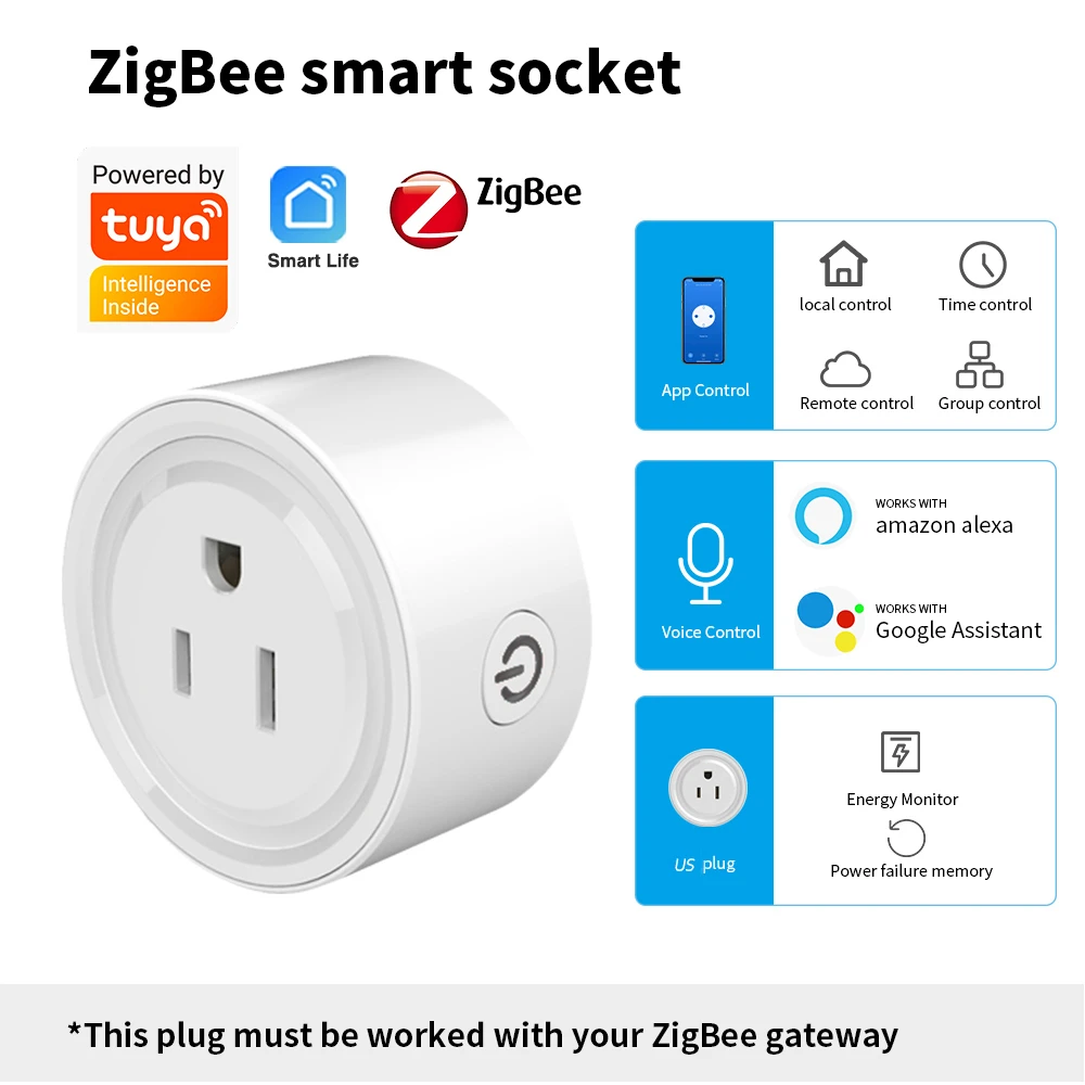 

Tuya WiFi Zigbee Smart Socket US Plug 10A/16A Home Energy Monitor Power Outlet Smart Life Timing Voice Control for Alexa Google