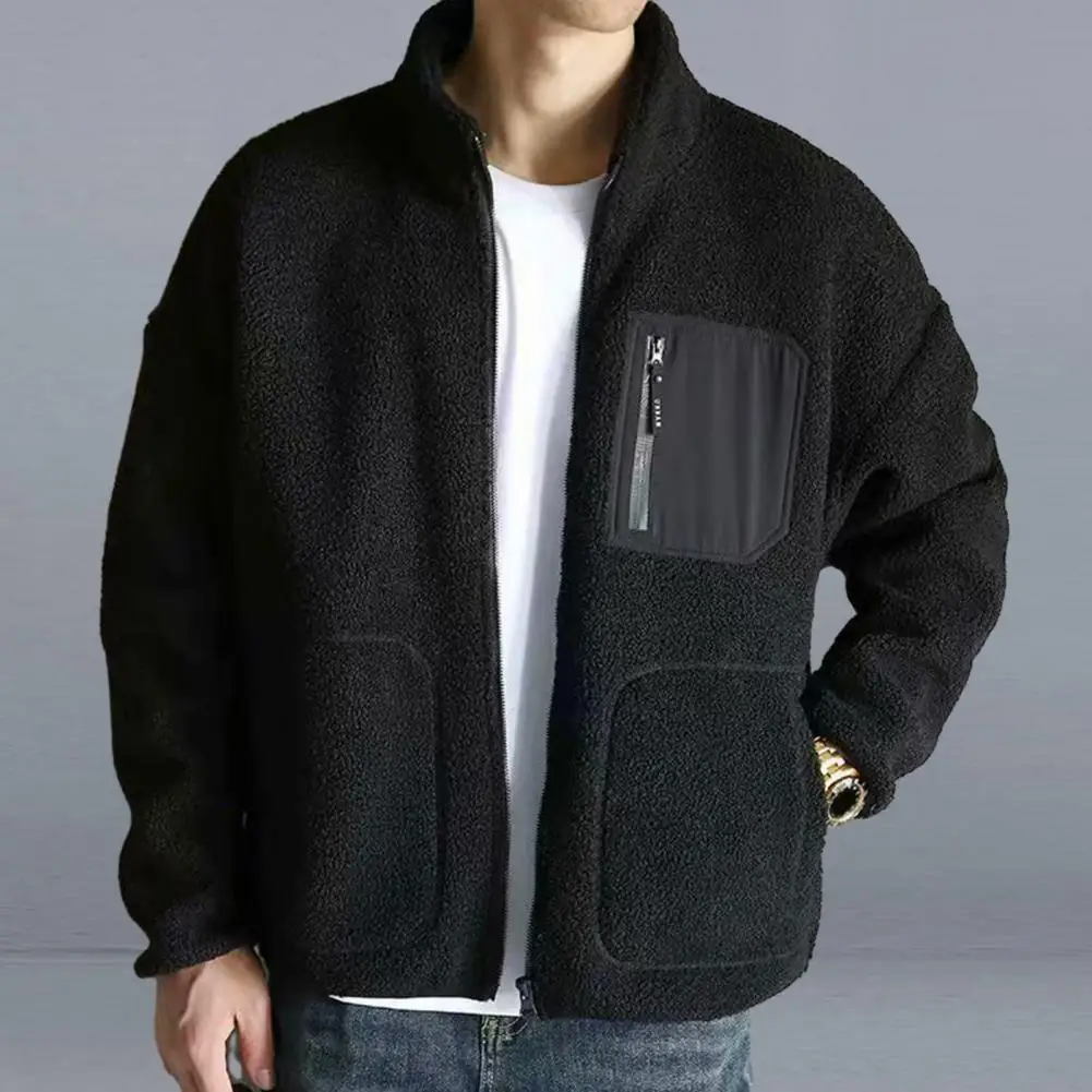 

Zipper Pocket Men Jacket Men's Imitation Lambswool Coat with Stand Collar Zipper Placket Warm Polar Fleece Jacket for Autumn