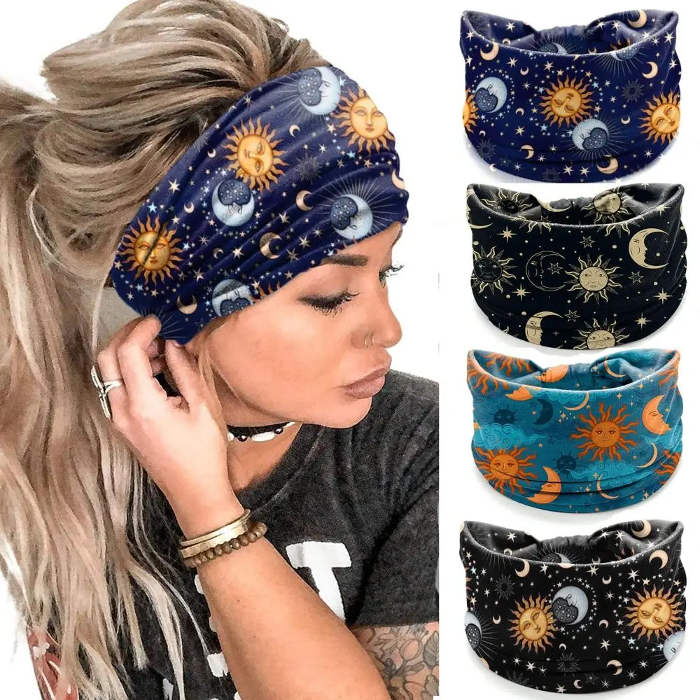 

Boho Flower Print Wide Headbands Vintage Knot Elastic Turban Headwrap For Man Women Soft Bandana Cycling Headband