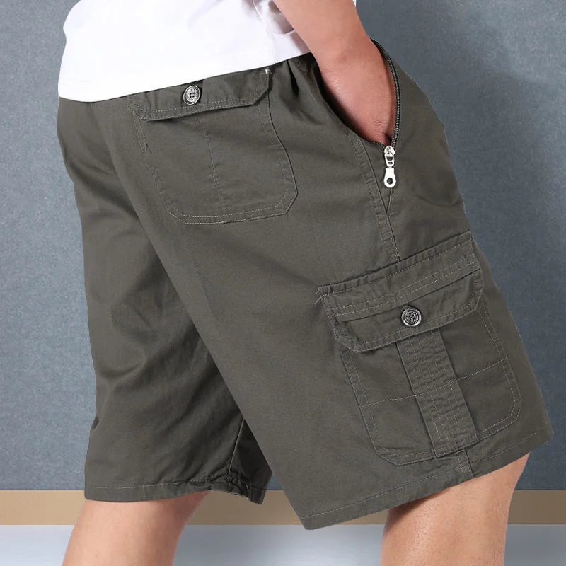 Summer New Solid Color Fashion Pure Cotton Knee Length Pants Man High Street Zipper Pockets Casual Asymmetrical Straight Shorts