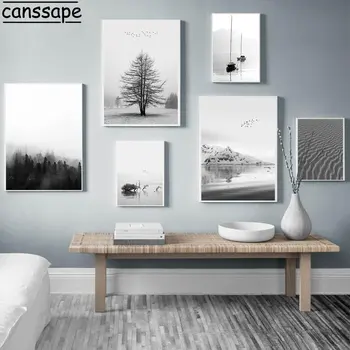 Nero bianco Wall Art paesaggio naturale foresta stampa immagini lago barca albero deserto tela pittura Nordic Poster soggiorno Decor