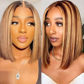 Parrucche per capelli umani al 100% Parrucca frontale in pizzo per capelli umani 13x4 Parrucca pronta da indossare Parrucche Bob Densità 220 per donne nere 4/27 Colore Oro