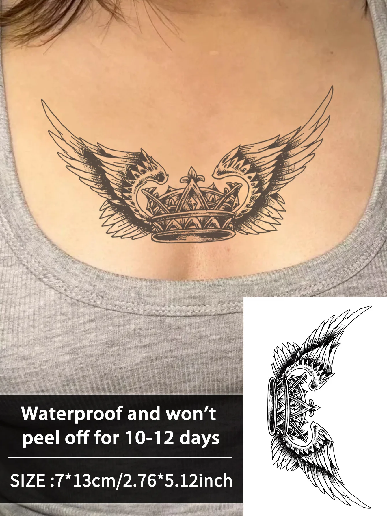 天使の羽と王冠の首の防水一時的なタトゥーステッカー、1〜2週間持続