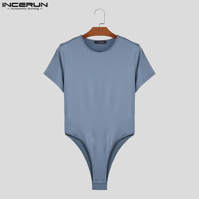 INCERUN Men Rompers Short Sleeved Solid Comfortable Bodysuits Stylish O-neck Design Triangle Jumpsuits S-5XL men bodysuits men jumpsuits