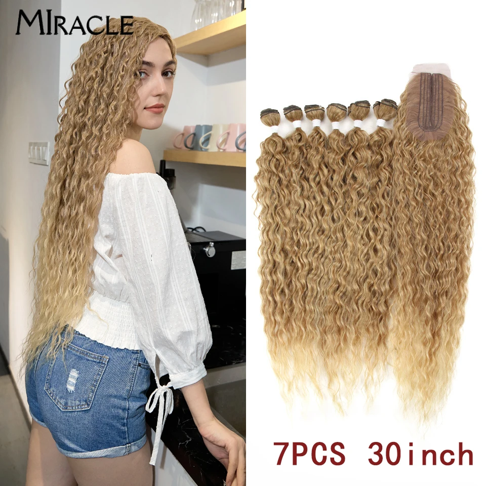 7PCS Synthetic Hair Extensions Afro Kinky Curly Hair Bundles With Closure Ombre Brown Golden 30 inch Soft  Super Long Wave Hair