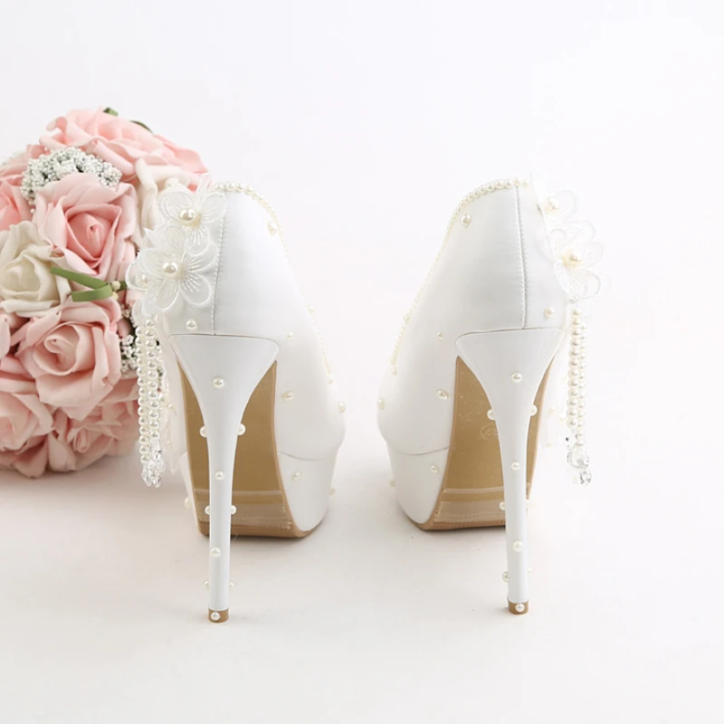 Wedding Shoes New White Pu Leather Lace Flower Bride Dress Pumps Super High Heels Slip-on Round Tole Pearl Tassel Stiletto 14cm