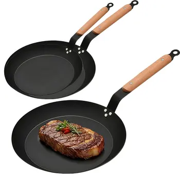 Carbon Steel Cooking Skillet Non Stick Frying Pans with Wooden Handle Hammered Physical Non-Coating Skillet with All Cooktops 1