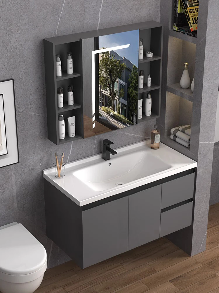Thickened ceramic integrated face wash basin cabinet combination space aluminum bathroom cabinet rock slab, face wash sink