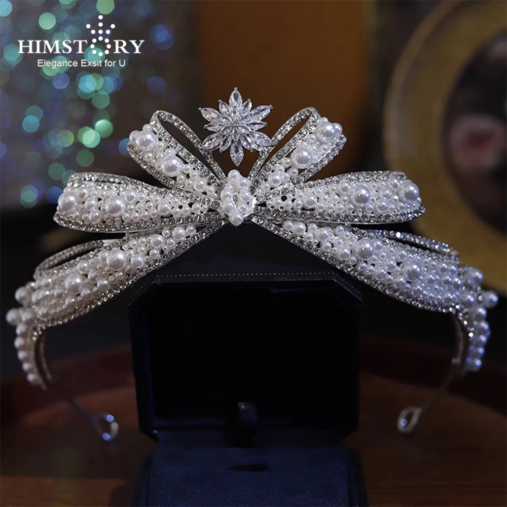 Himstory Sweet New Creative Bow Princess Crown Bride Wedding Pearl Bowknot Dress Photo Head Accessori