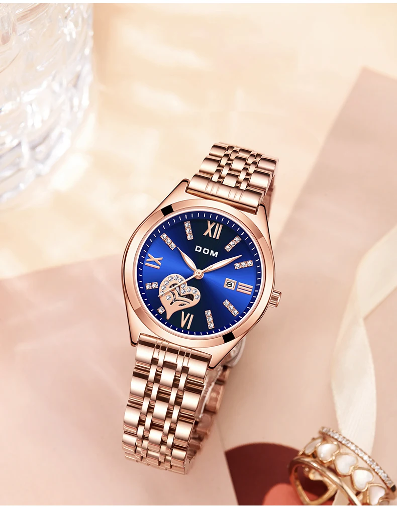 DOM Luxury Watch Fashion steel belt Watch Women's Casual Love Blue waterproof Women's Watch