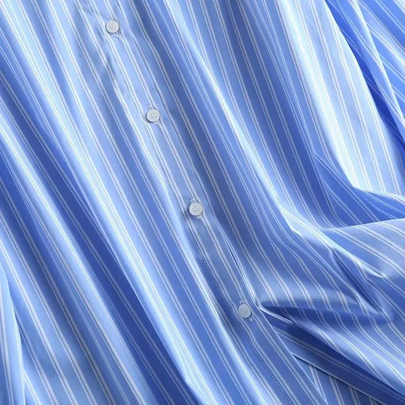 Maxdutti 2023 Spring New England Fashion Blue Striped Shirt Loose Cotton Casual  Tops Blouse Women