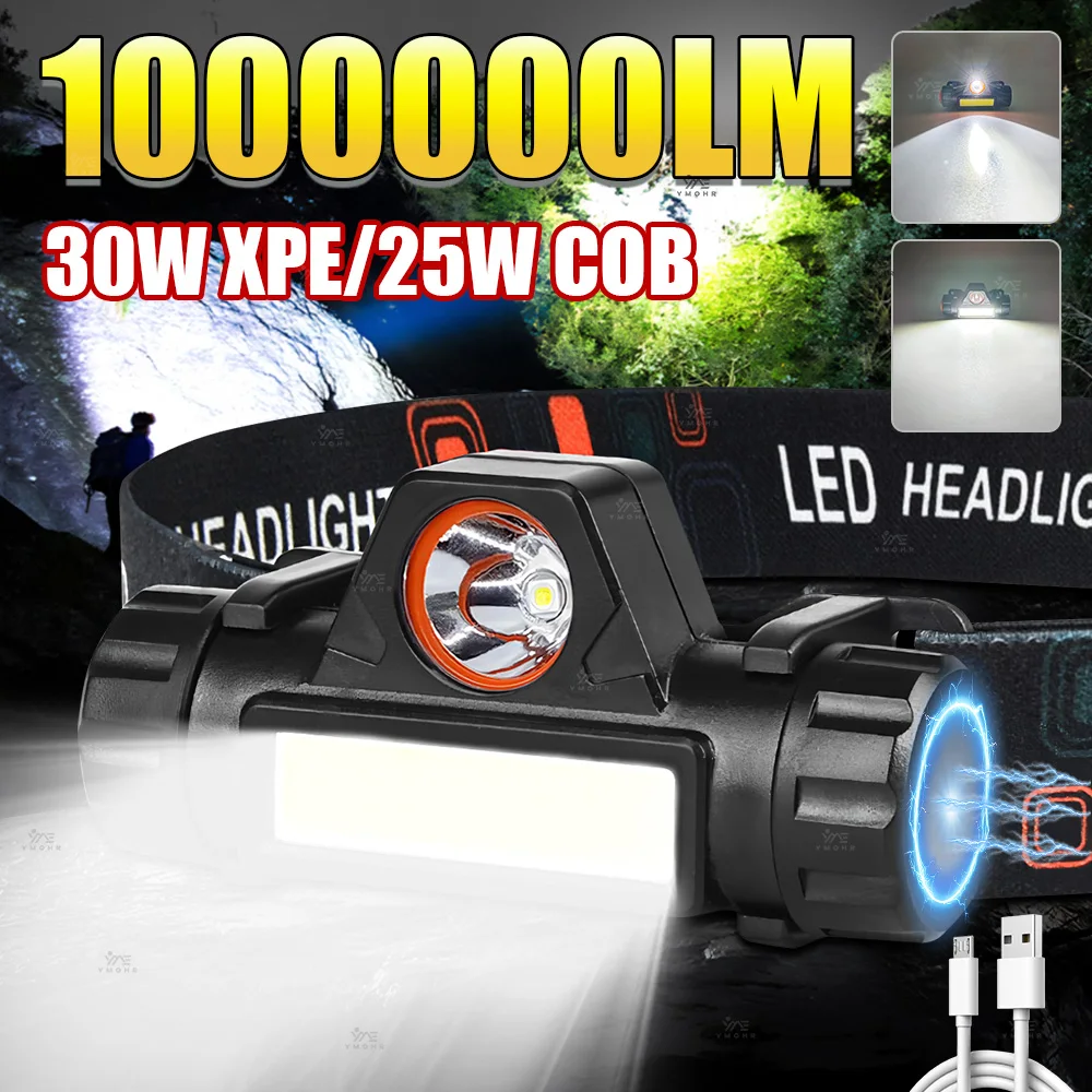 2000M SOS Super Power Headlamp USB Rechargeable LED Head Flashlight For Camping Red Flashing Safety Emergency Light Rechargeable