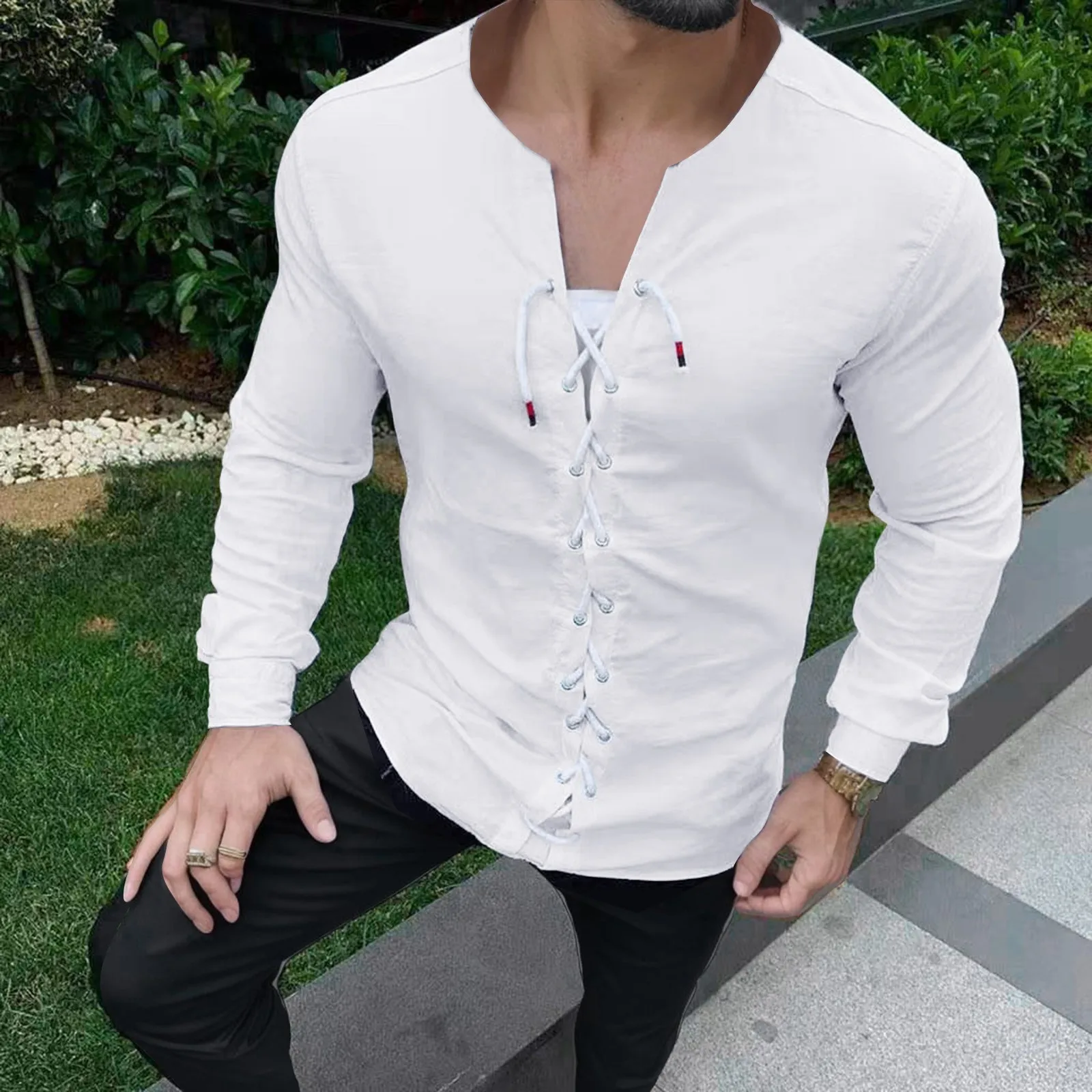 

Men's Casual Solid Color Sports Shirt With Edge Collar And Cord Placket Long Sleeve Shirt Camisas De Hombre slim fit