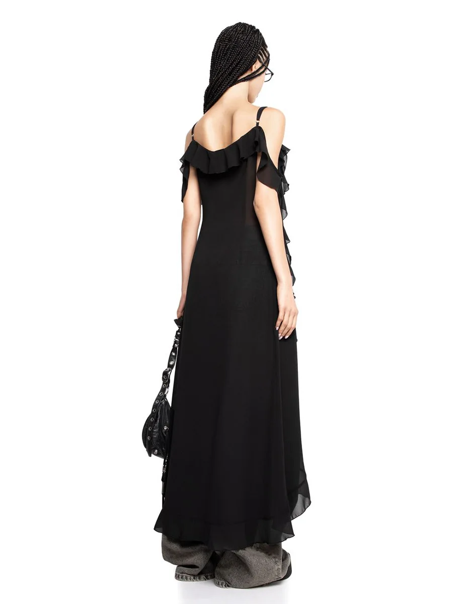 Bornladies Women's Strap Dress 2025 Summer New Irregular V-neck Ruffle Ribbon Sexy Sleeveless Strap Long Dresses