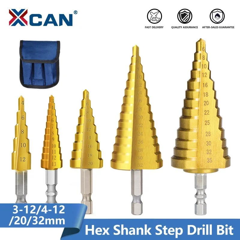 XCAN Step Drill Bit Hex Shank 3-12/4-12/20/32mm Titanium Coated Stepped Cone Drill Bit Set for Wood Metalworking Drilling Tool