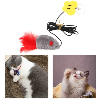 Door Hanging Mouse Cat Toy Teaser Toys Soft Plush Interactive Feather with Sound Sticky Suction for Indoor Cats Kitty Play Gray 4