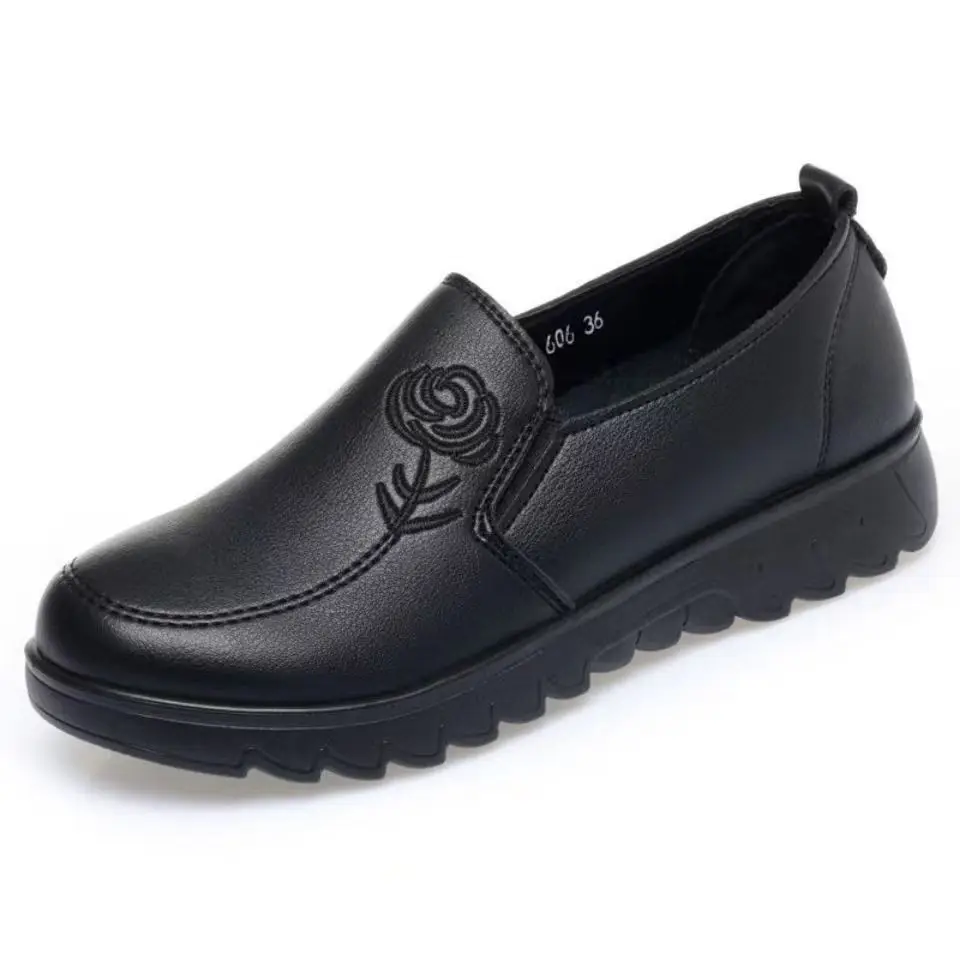 Women Shoes Leather Non-slip Casual Comfortable Middle-aged Ladies Flat