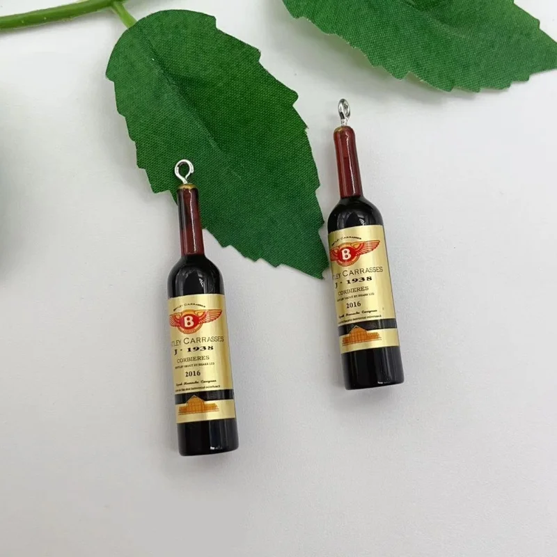 Set of 10 Red Wine Bottle Resin Charms for Jewelry and Crafting Projects