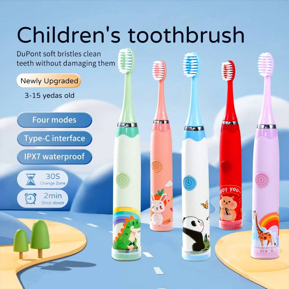 Children Electric Toothbrush Sonic Boy Girl Cartoon Teeth Whitening Type-C Ultrasound Soft Bristle