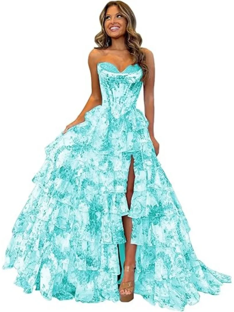 UZN Floral Print Tiered Prom Dress 2025 - Strapless Corset Gown With Slit