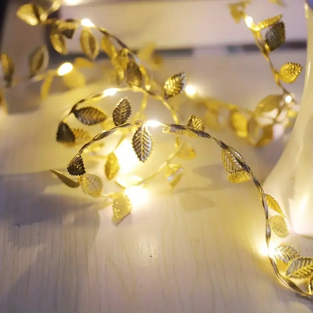 Golden Leaf Fairy String Lights - Battery-Powered Copper Wire Decor for Weddings, Parties, and Holidays