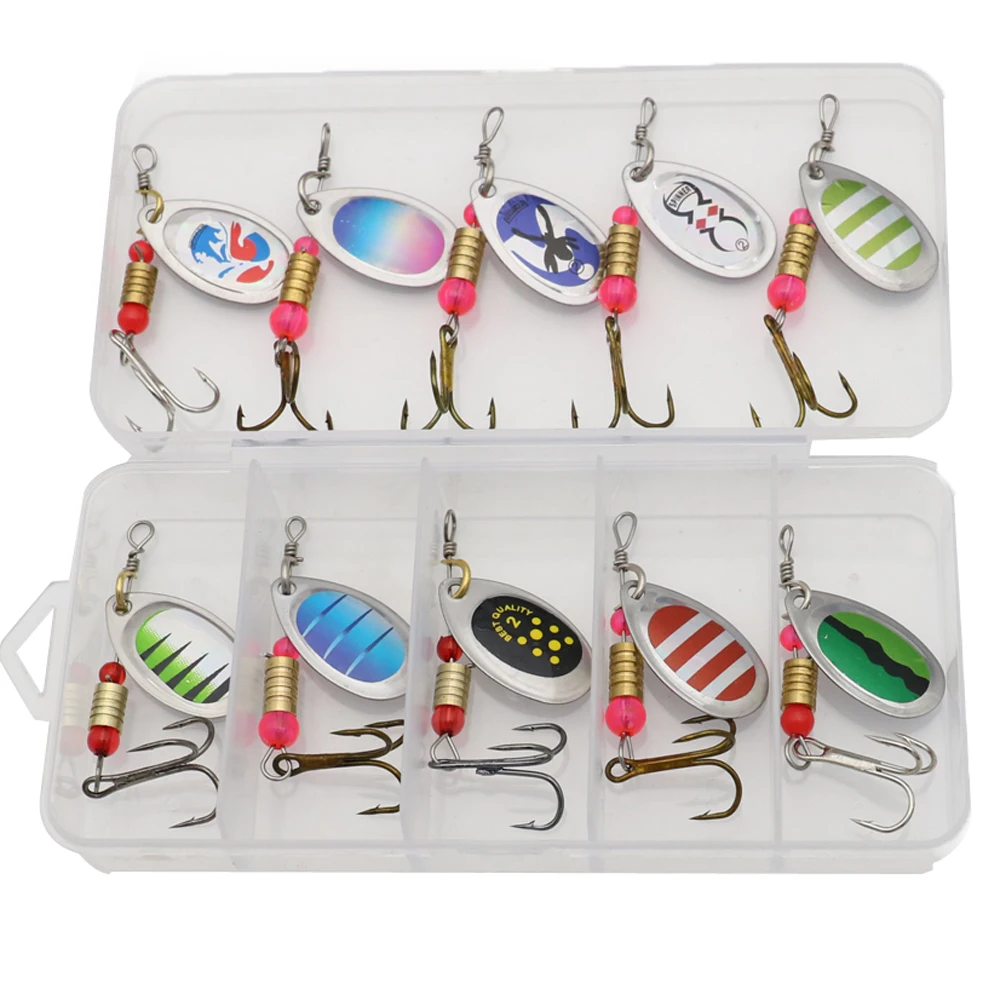 

10pcs Metal Spoon Spinner Fishing Lure Set Rotating Spinnerbait Artificial Bait Treble Hooks With Box