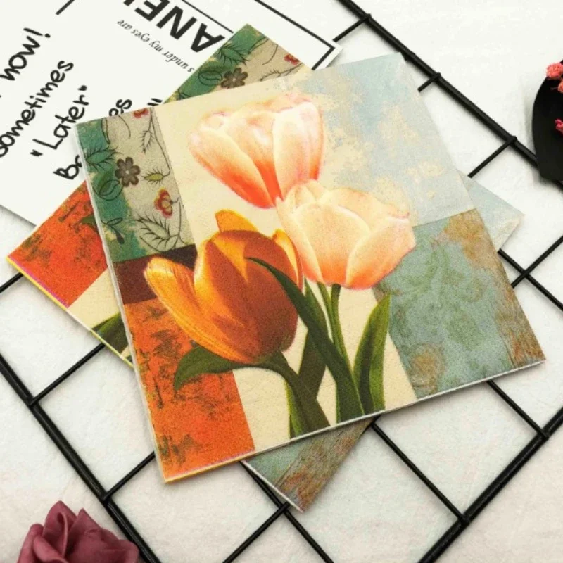 20pcs/pac 2-Ply Paper Napkins, Tissue Paper Decoration, Colourful Printed Tulip Flower Wedding Party Folded