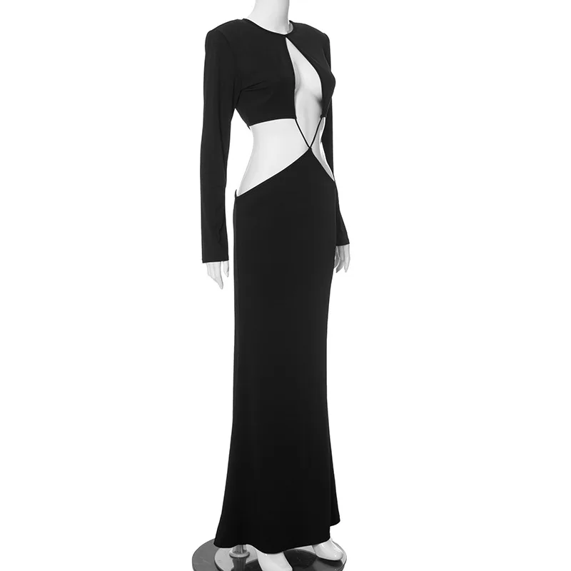 Cryptographic Fashion Black Sexy Cut Out Maxi Dress Bandage Party Club Outfits Long Sleeve Plunge Dresses Elegant Gown Vestido