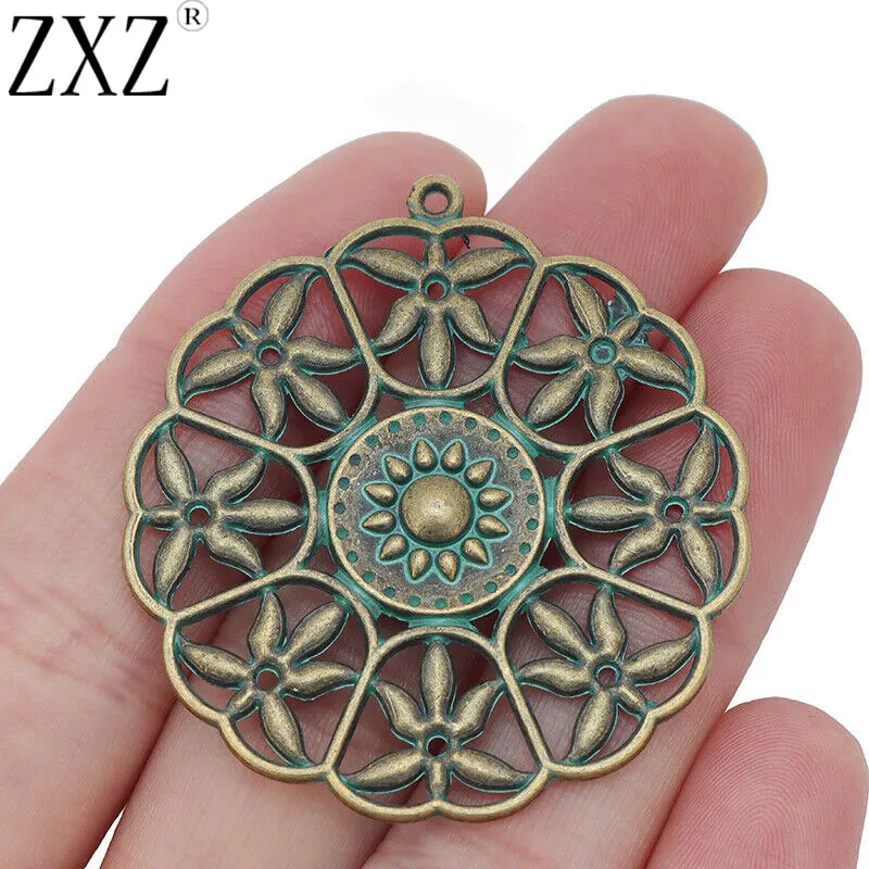 

ZXZ 5pcs Verdigris Patina Green Flower Round Charms Pendants for DIY Necklace Jewelry Making Findings Accessories 47x44mm