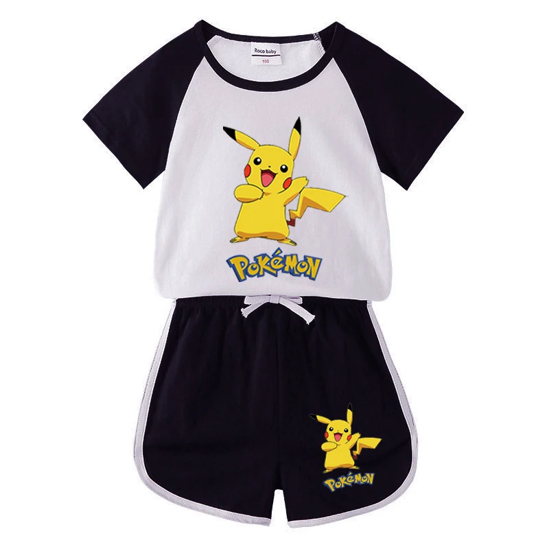 Camiseta de algodón de Pikachu para niñas y pantalones cortos, conjunto de 2 uds. De ropa de dibujos animados de Pokémon para niños, traje deportivo de la Patrulla Canina para verano