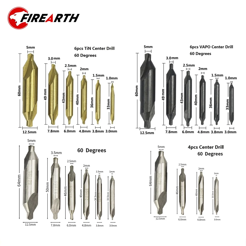 60 Degrees HSS Center Drill Bit Set 1mm 1.5mm 2mm 2.5mm 3mm 3.5mm 5.0mm Countersink TiN Coated Combined Drills |