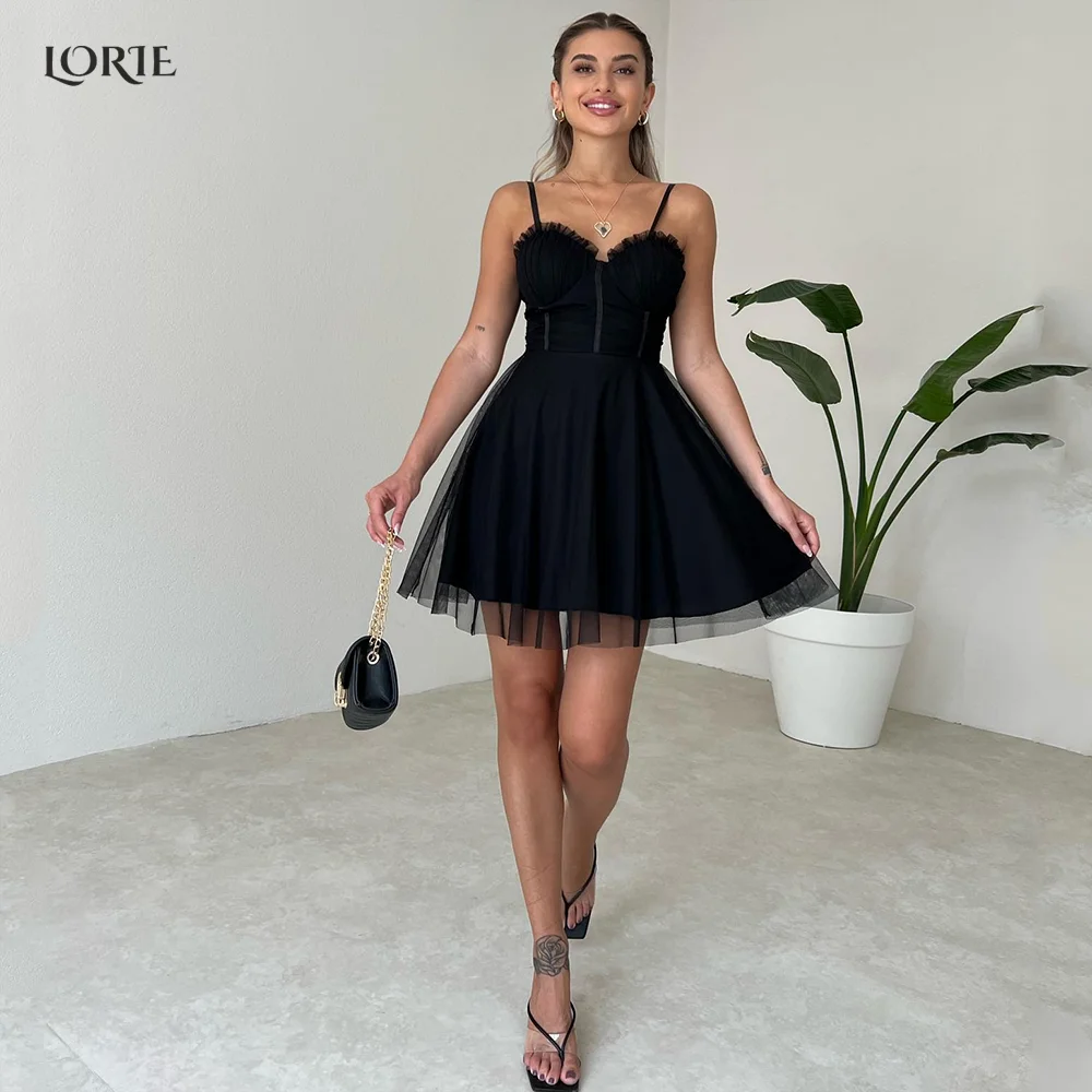 

LORIE Black A-Line Formal Evening Dresses Tulle Spaghetti Straps Dubai Graduation Gowns Arabia Mini 2022 Celebrity Party Dress