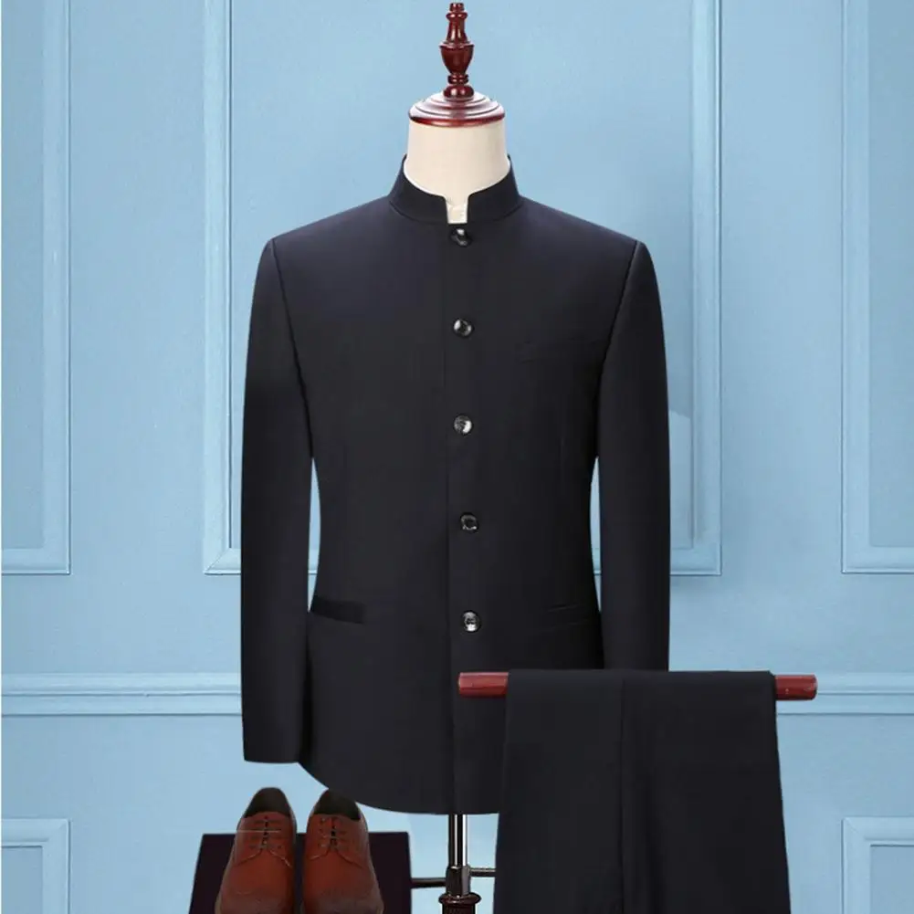 Men Zhongshan Set Chinese Style Stand Collar Wedding Bridesman Dress Suit Single breasted Slim Sets Business Set