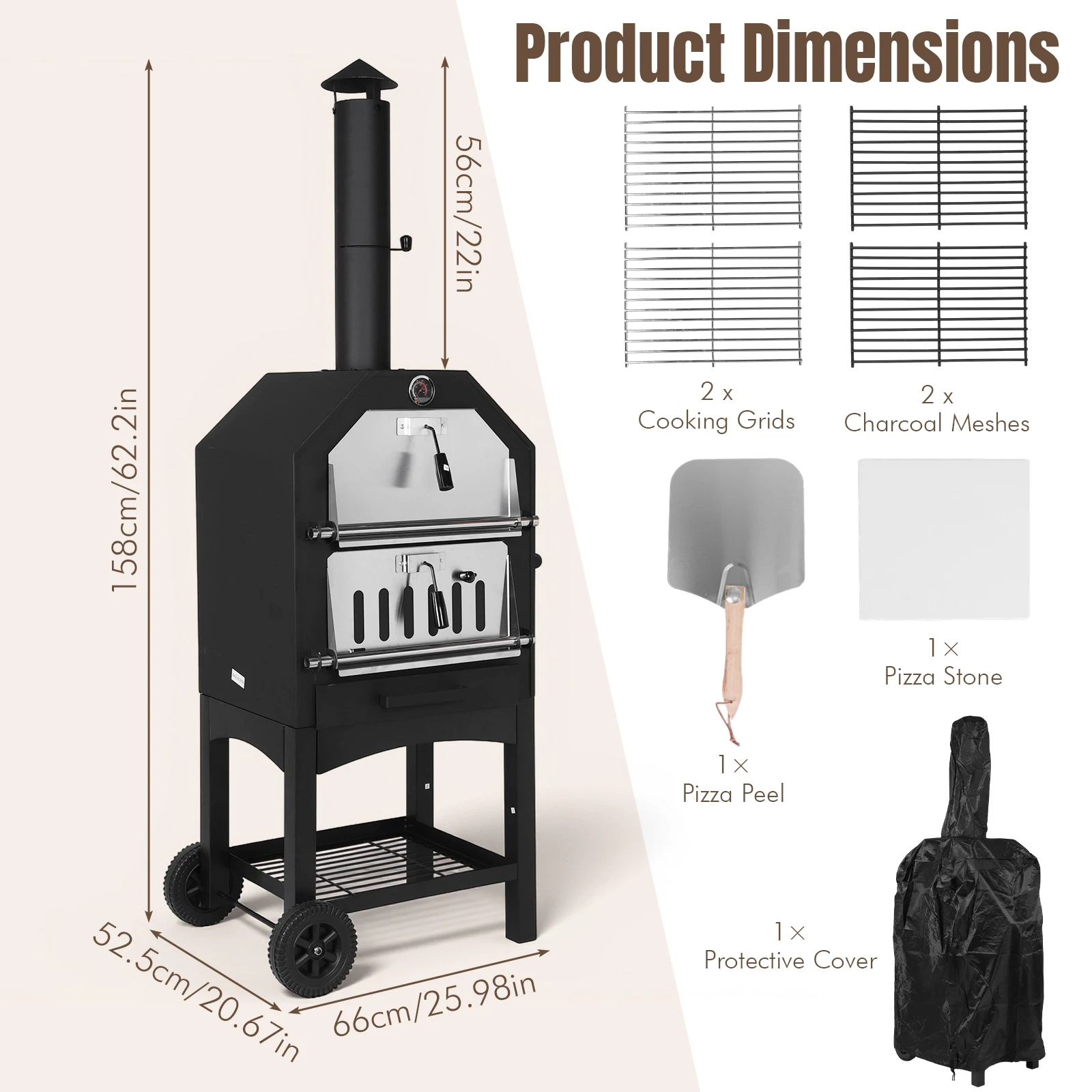2-Tier Outdoor Garden Pizza Oven with Firewood Storage Large Wood Pellet Fired Pizza Oven for Backyard Camping Tailgating