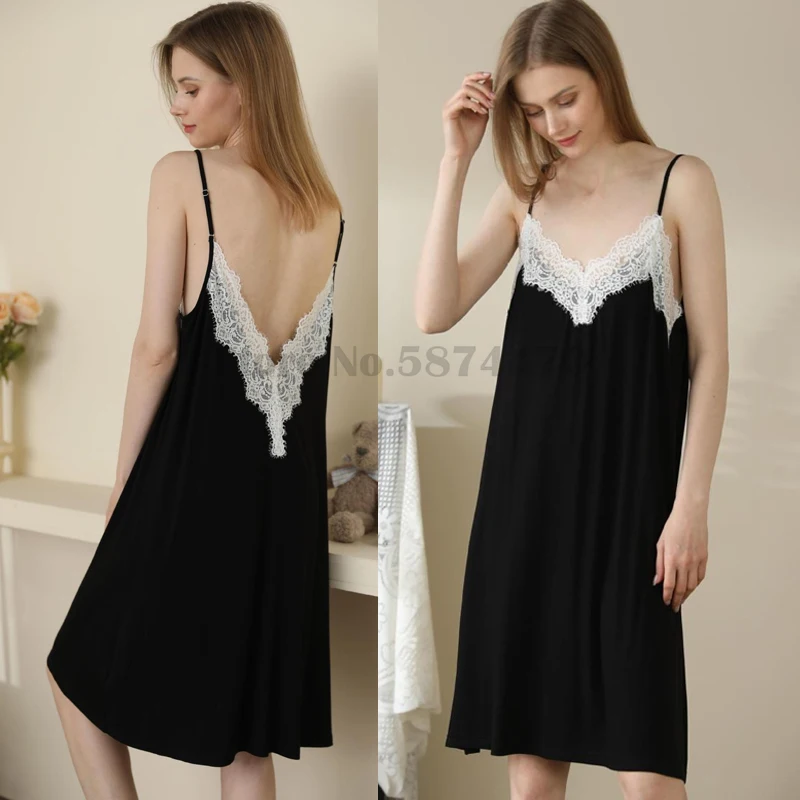 

Splice Lace Modal Nightdress Sexy Backless Nightgowns Women's Summer Solid Intimate Lingerie Spaghetti Straps Sleepwear Dresses