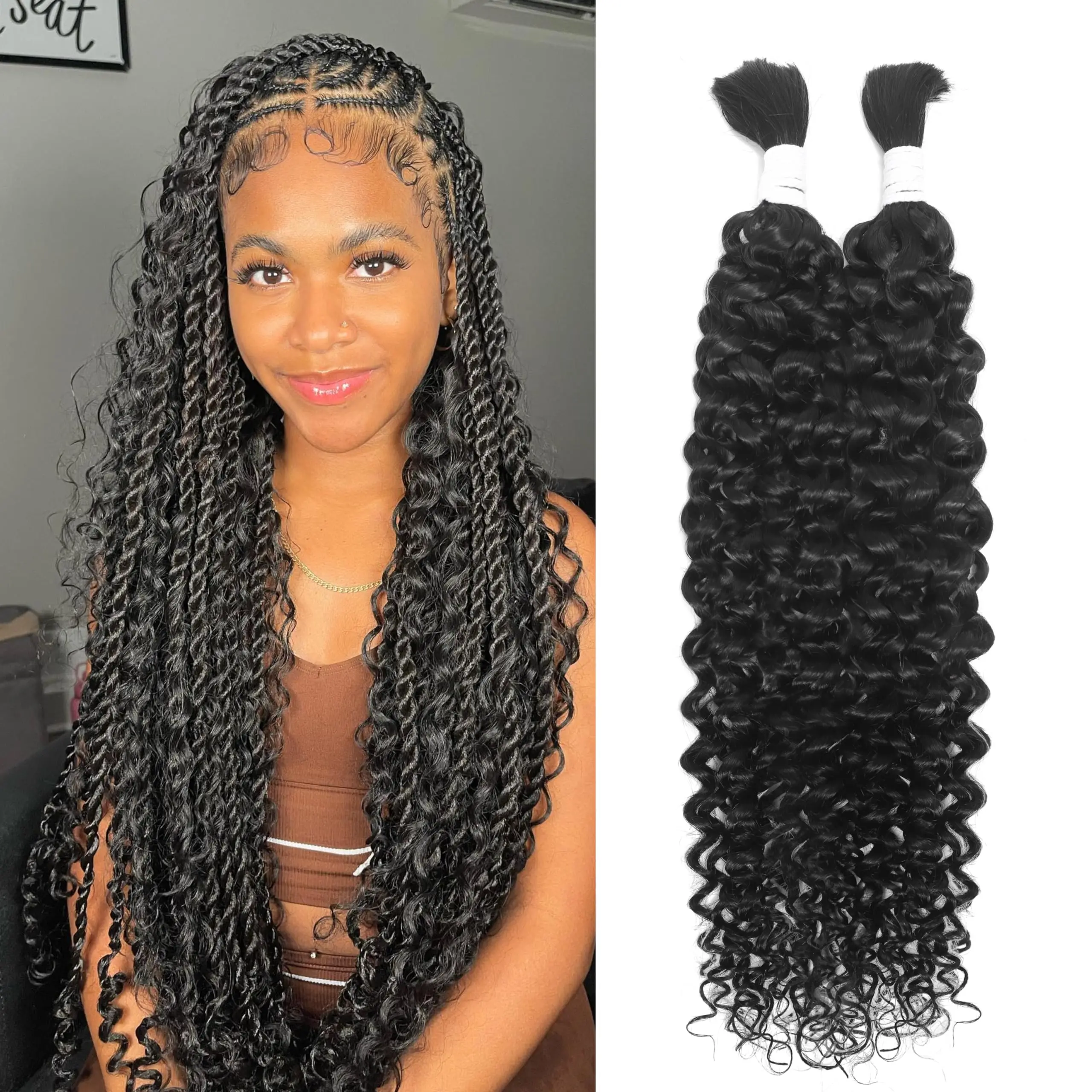 Color: Natural Color, Material Grade: virgin hair, Stretched Length: 24inches, Bulk Buy: 5pcs/lot - Bulk hair braiding Water Wave Bulk 18 inch human hair Boho braids with for knotless box or curly loose wave