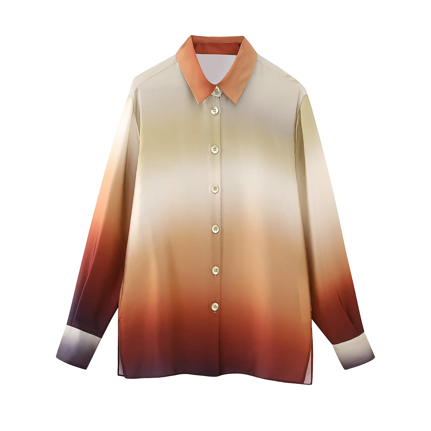 

TRAF 2023 Women Vintage Tie Dyed Print Soft Satin Smock Blouse Office Lady Single Button Shirt Chic Chemise Blusas Tops