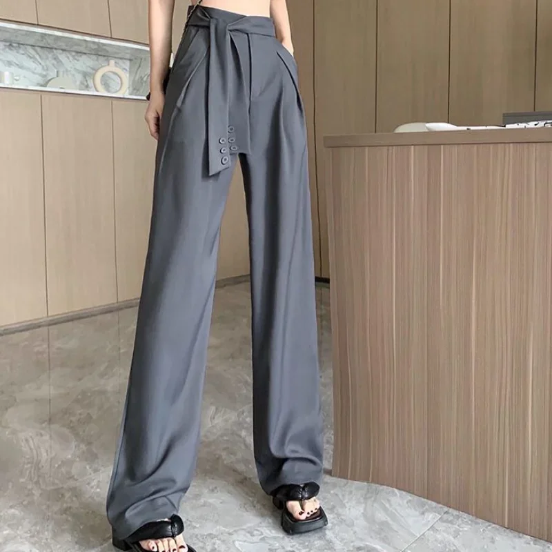 

Black Baggy Loose Tailoring Trousers for Women Clothes High Waist Buttons Wide Leg Office Female Pants Work with Free Shipping G