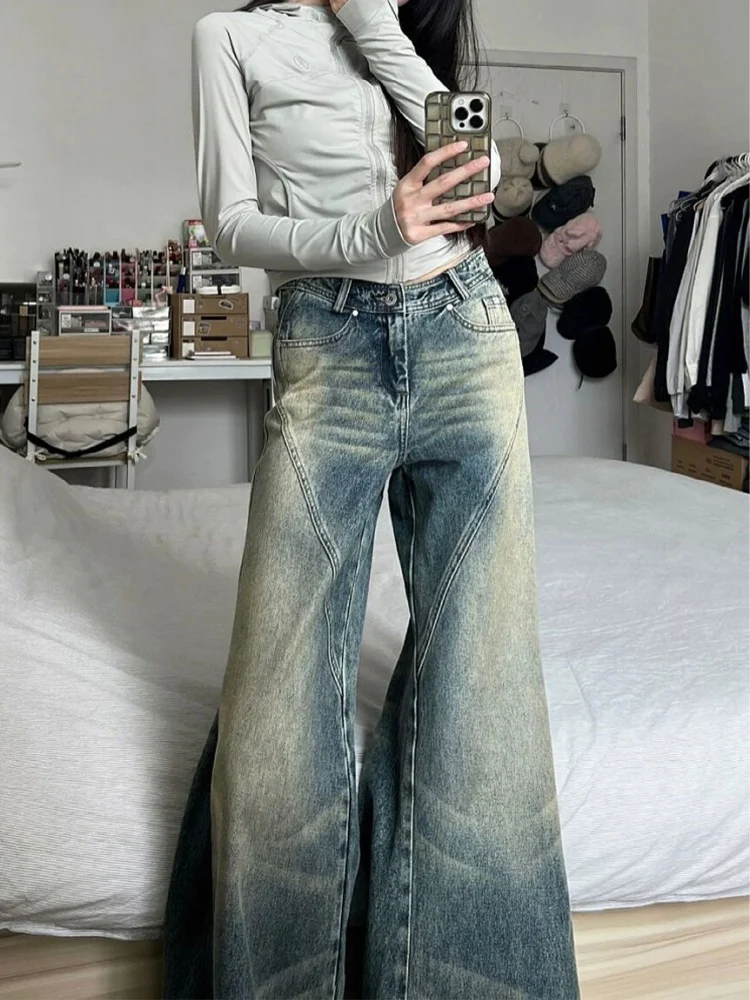 QWEEK Y2K Grunge Distressed Baggy Jeans Women Gyaru Vintage 90s Streetwear Flare Denim Pants American Retro Aesthetic Trousers