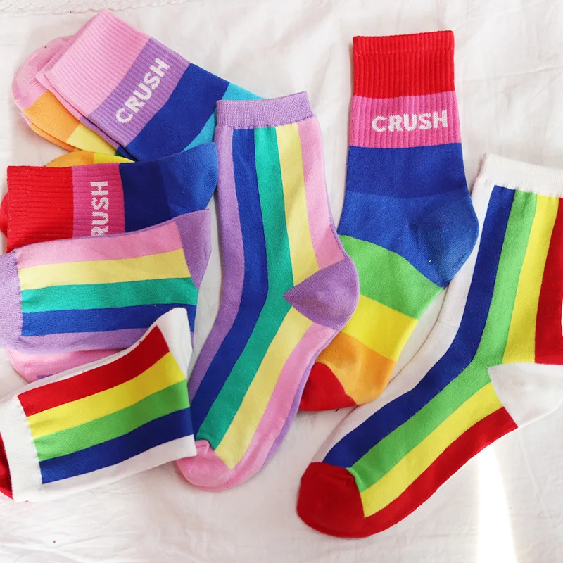

1 Pair New Arrival Cotton Elasticity Sweat Women Long Sock Candy Colors Rainbow Striped Sporty Meias Retro Harajuku Casual Socks