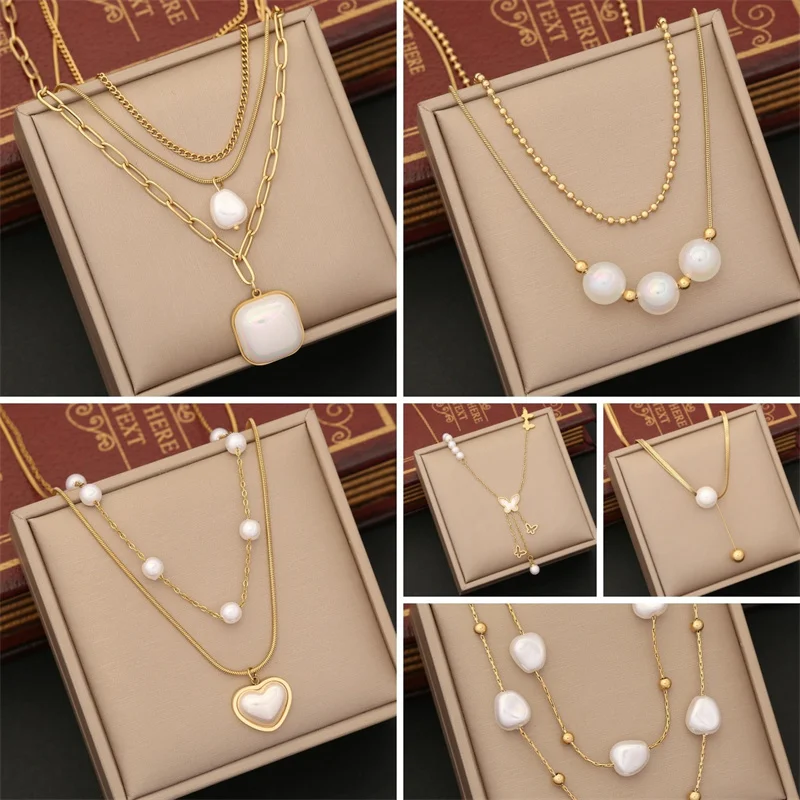 

Gold-Color Pearl Multilayered Pendant Necklace Fashion Love Pendant With Stainless Steel Clavicle Chain Jewelry Accessories