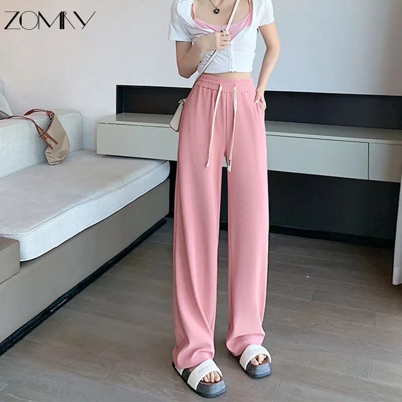 

ZOMRY 2023 Summer New Women's High Waist Lengthened Floor Sweeping Narrow Straight Leg Pants Small Knitted Drop Wide Leg Pants