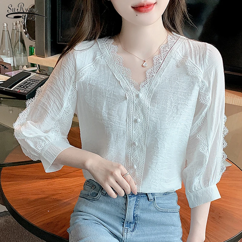 

Милая кружевная блузка, Элегантные повседневные топы с пышными рукавами, весна 2023, белая ажурная рубашка с цветочным узором и V-образным вырезом, Женская винтажная одежда 20056