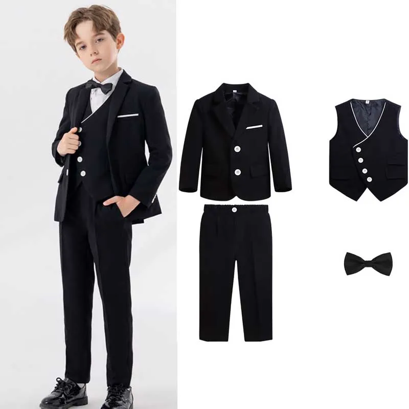 

Gentleman Kids Red Black Birthday Photograph Suit Flower Boys Piano Party Dress Handsome Children Ceremony Performance Costume