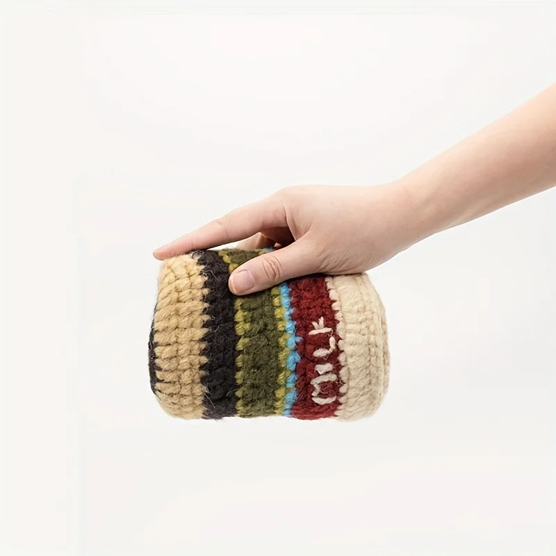2024 new knitted fisherman hat for women, autumn and winter warm retro contrasting striped niche woolen hat basin hat 3