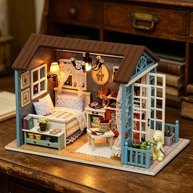 Zuuton DIY 나무 인형 하우스 키트 미니어처 코티지 LED 조명 포함 3D 퍼즐 조립 모델 가구 포함 창의적인 핸드메이드 장난감 성인 여아용 인테리어 선물