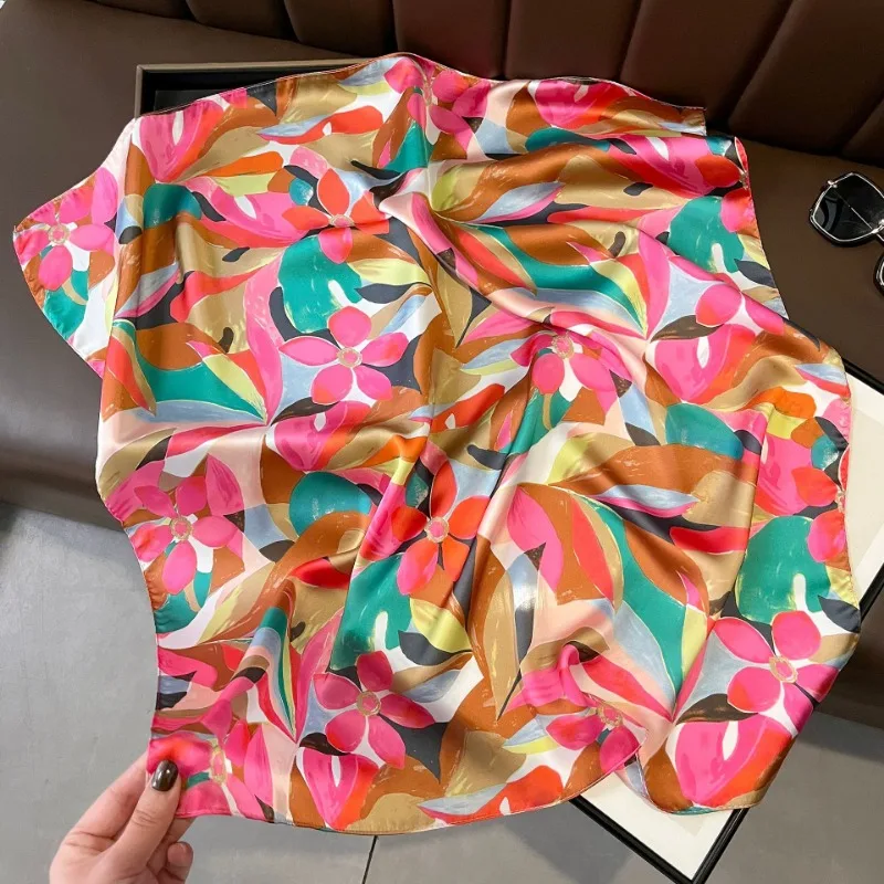 70cm Colorful Graffiti Silk Scarf Flowers and Leaves Square Scarfs Women's Trendy Versatile Clothing and Bag Decorative Scarf 4
